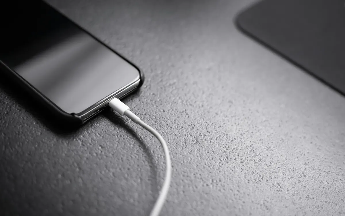 A smartphone charging from a USB wall charger plugged into an outlet
