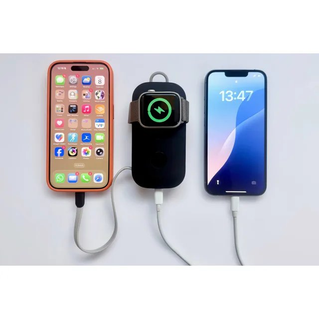 Belkin BoostCharge Pro Power Bank 10K charging an Apple Watch and two iPhones